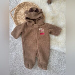 Carter's Brown Christmas Reindeer Sherpa Bunting Jumpsuit Coat Size 3 Months